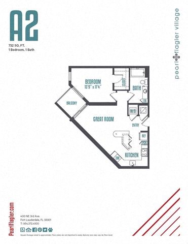 Floor plan for 1 bed, 1 bath, 732 sqft