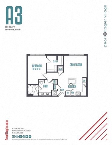 Floor plan for 1 bed, 1 bath, 809 sqft