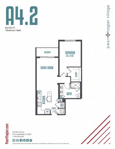 Floor plan for 1 bed, 1 bath, 842 sqft