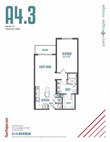 Floor plan for 1 bed, 1 bath, 906 sqft