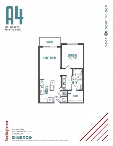 Floor plan for 1 bed, 1 bath, 828 sqft