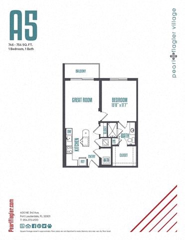 Floor plan for 1 bed, 1 bath, 754 sqft