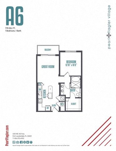 Floor plan for 1 bed, 1 bath, 779 sqft