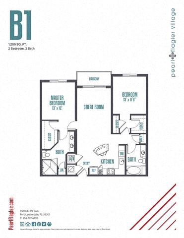 Floor plan for 2 beds, 2 baths, 1205 sqft