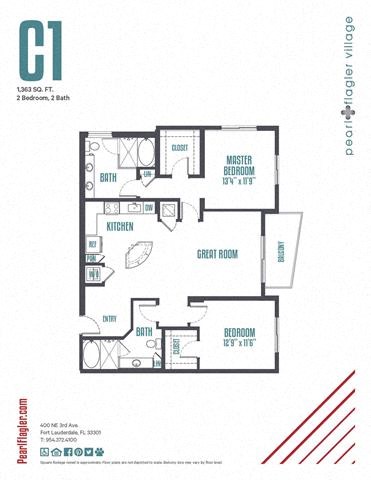 Floor plan for 2 beds, 2 baths, 1363 sqft