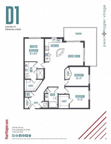 Floor plan for 3 beds, 2 baths, 1463 sqft