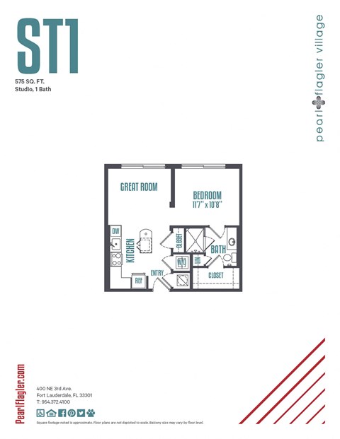 Floor plan for studio, 1 bath, 575 sqft