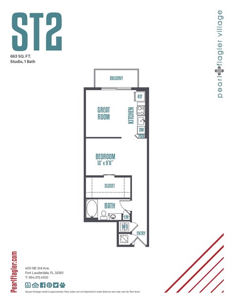 Floor plan for studio, 1 bath, 662 sqft