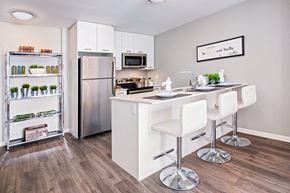 Hamilton apartment for rent - a kitchen with a bar and a stainless steel refrigerator