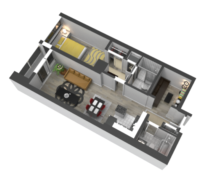 Floor plan for 1 bed, 2 baths, 838 sqft