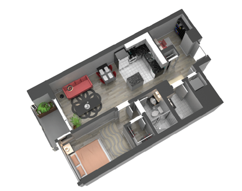 Floor plan for 1 bed, 2 baths, 729 sqft