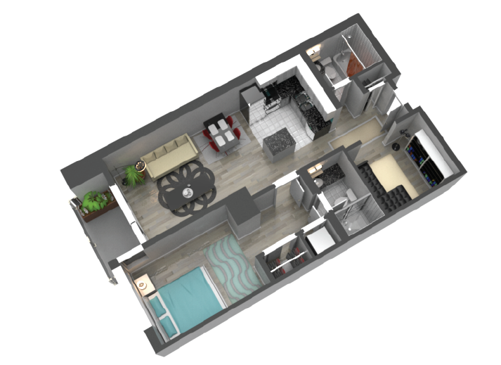 Floor plan for 1 bed, 2 baths, 835 sqft