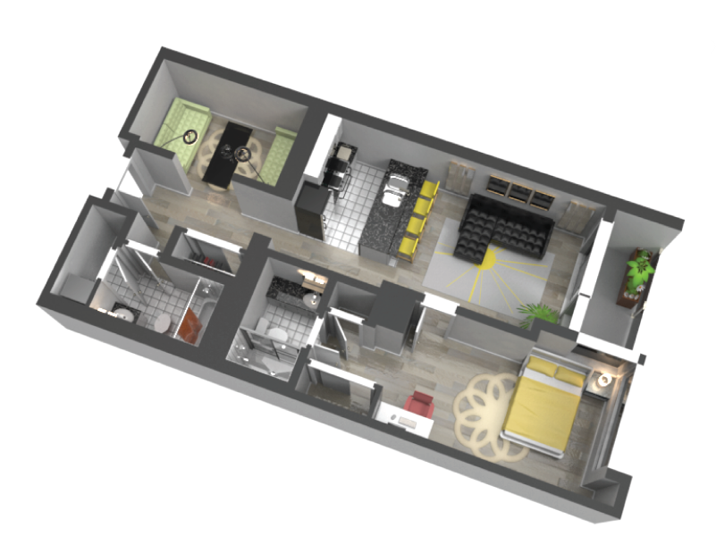 Floor plan for 1 bed, 2 baths, 884 sqft