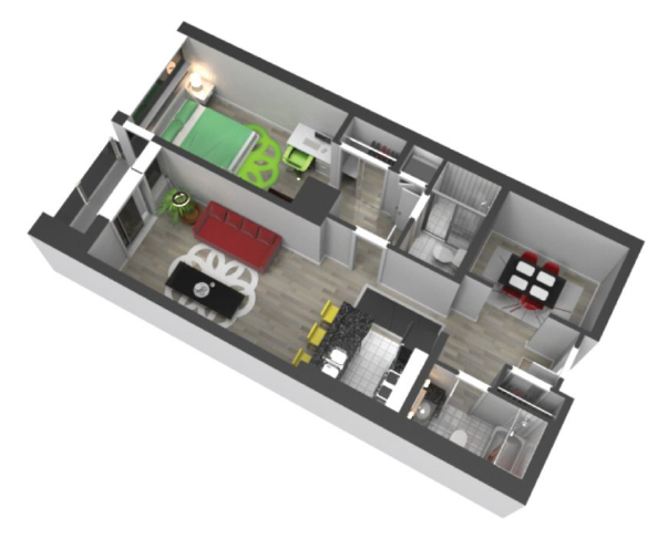 Floor plan for 1 bed, 2 baths, 923 sqft
