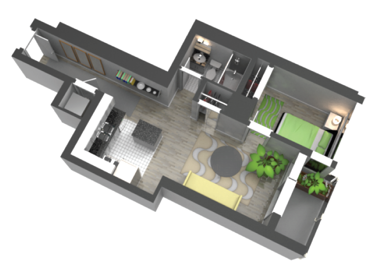 Floor plan for 1 bed, 1 bath, 595 sqft