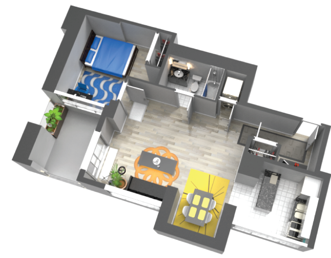 Floor plan for 1 bed, 1 bath, 898 sqft