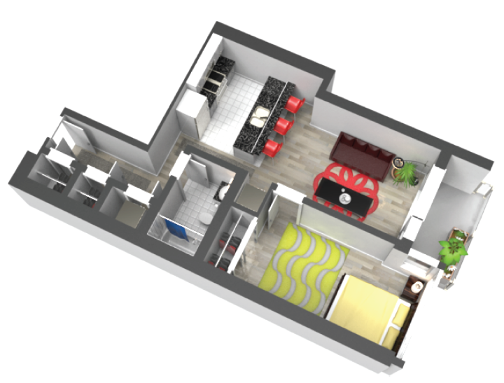 Floor plan for 1 bed, 1 bath, 645 sqft