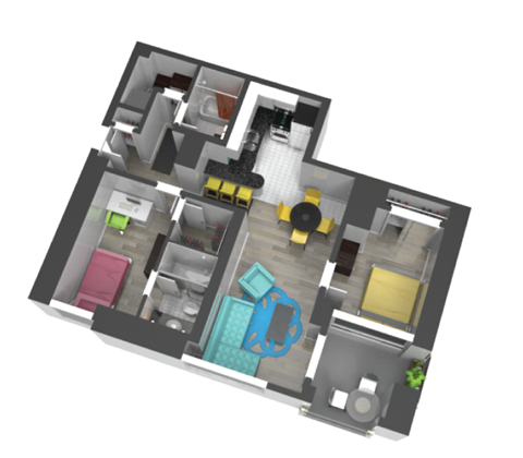 Floor plan for 2 beds, 2 baths, 1000 sqft