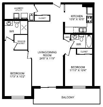 Floor plan for 2 beds, 2 baths, 1152 sqft
