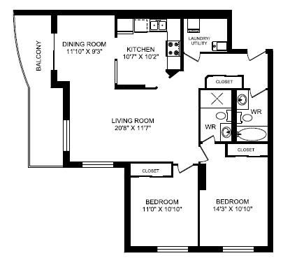 Floor plan for 2 beds, 2 baths, 1117 sqft
