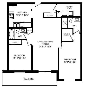 Floor plan for 2 beds, 2 baths, 1152 sqft