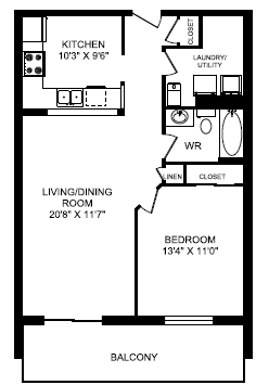 Floor plan for 1 bed, 1 bath, 767 sqft