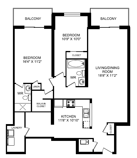 Floor plan for 2 beds, 2 baths, 1299 sqft