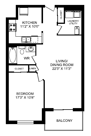 Floor plan for 1 bed, 1 bath, 778 sqft