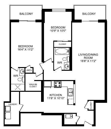 Floor plan for 2 beds, 2 baths, 1299 sqft
