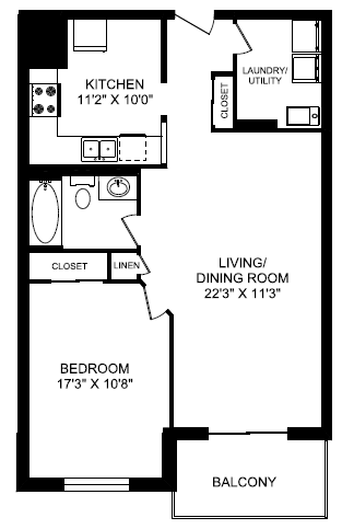 Floor plan for 1 bed, 1 bath, 778 sqft
