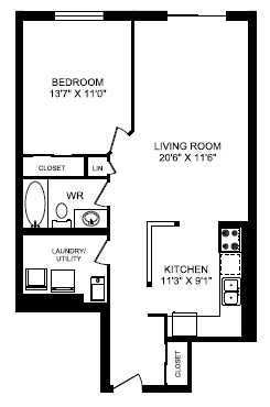 Floor plan for 1 bed, 1 bath, 819 sqft