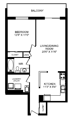 Floor plan for 1 bed, 1 bath, 793 sqft