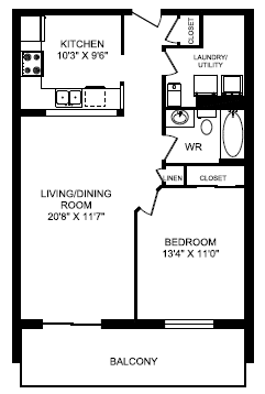 Floor plan for 1 bed, 1 bath, 767 sqft