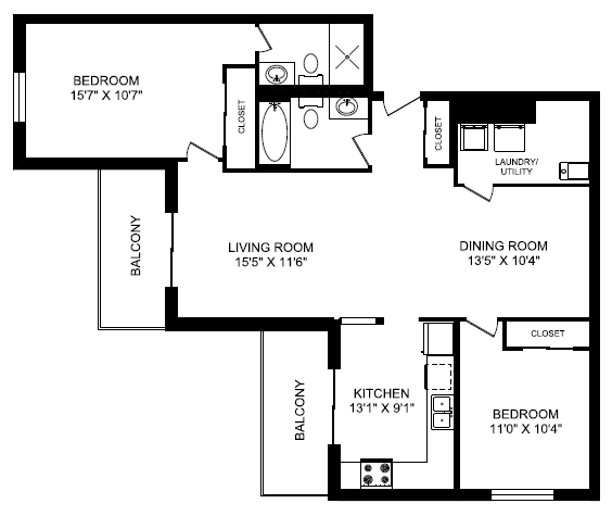 Floor plan for 2 beds, 2 baths, 1126 sqft