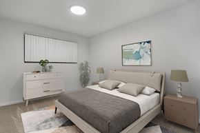 Burien apartment for rent - A bedroom with a large bed, a nightstand, and a dresser.