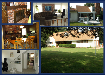 Stillwater house for rent - A collage of various indoor and outdoor scenes including a fireplace, a couch, a dining table, a house, and a lawn.