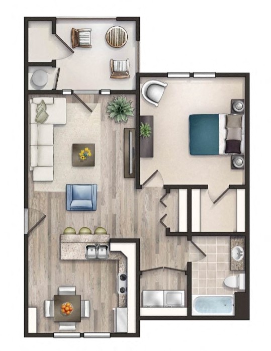 Floor plan for 1 bed, 1 bath, 675 sqft