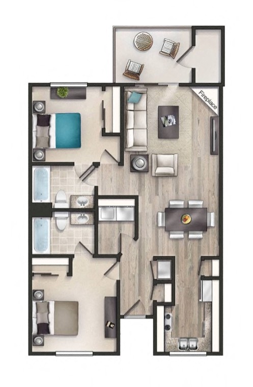 Floor plan for 2 beds, 2 baths, 1080 sqft