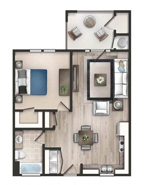 Floor plan for 1 bed, 1 bath, 675 sqft