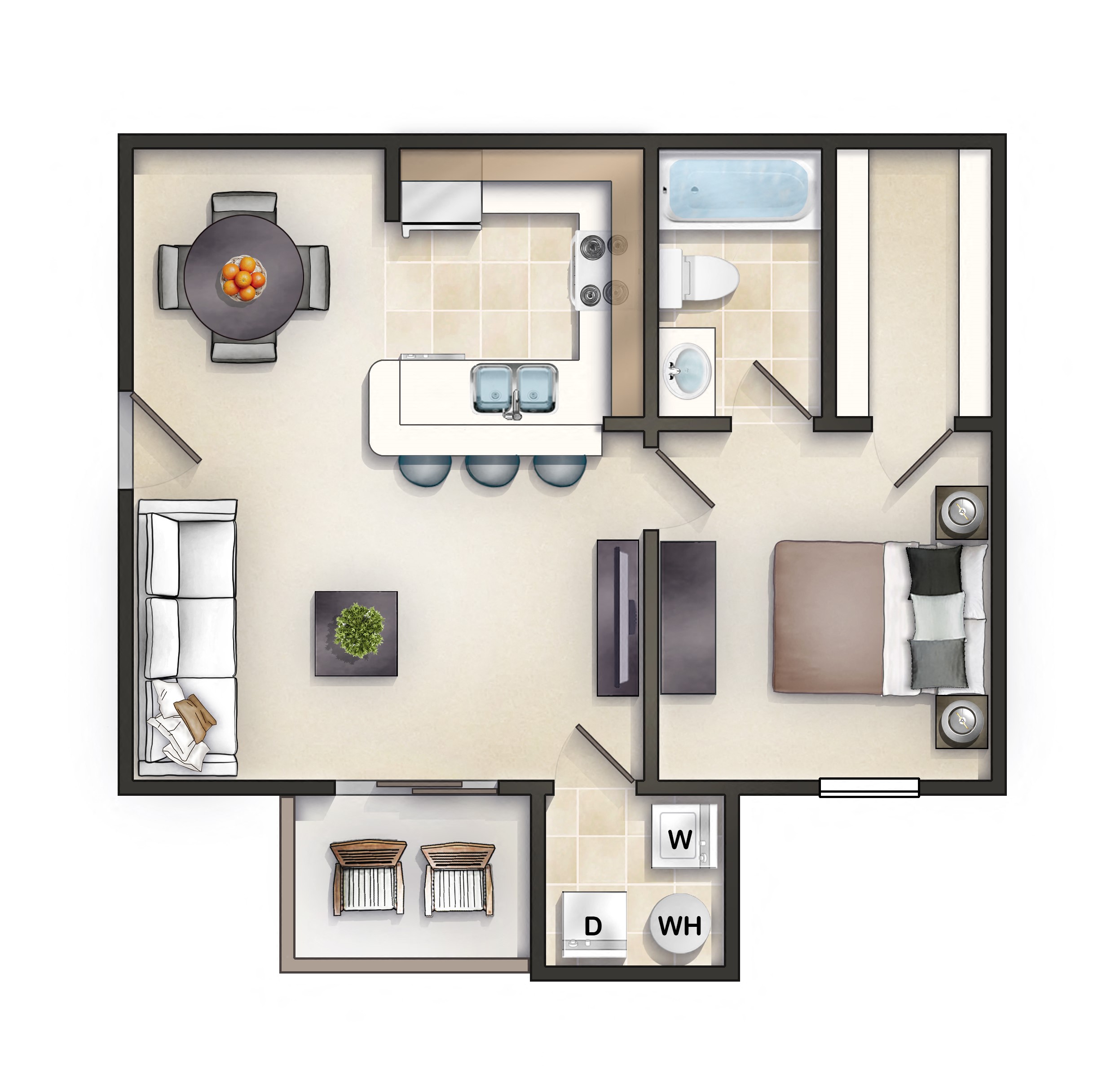 Floor plan for 1 bed, 1 bath, 600 sqft