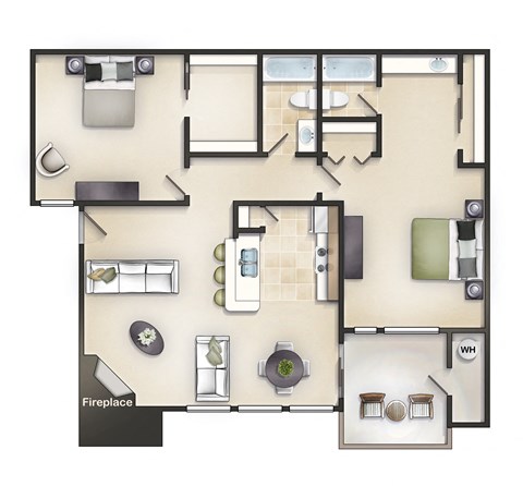 Floor plan for 2 beds, 2 baths, 904 sqft