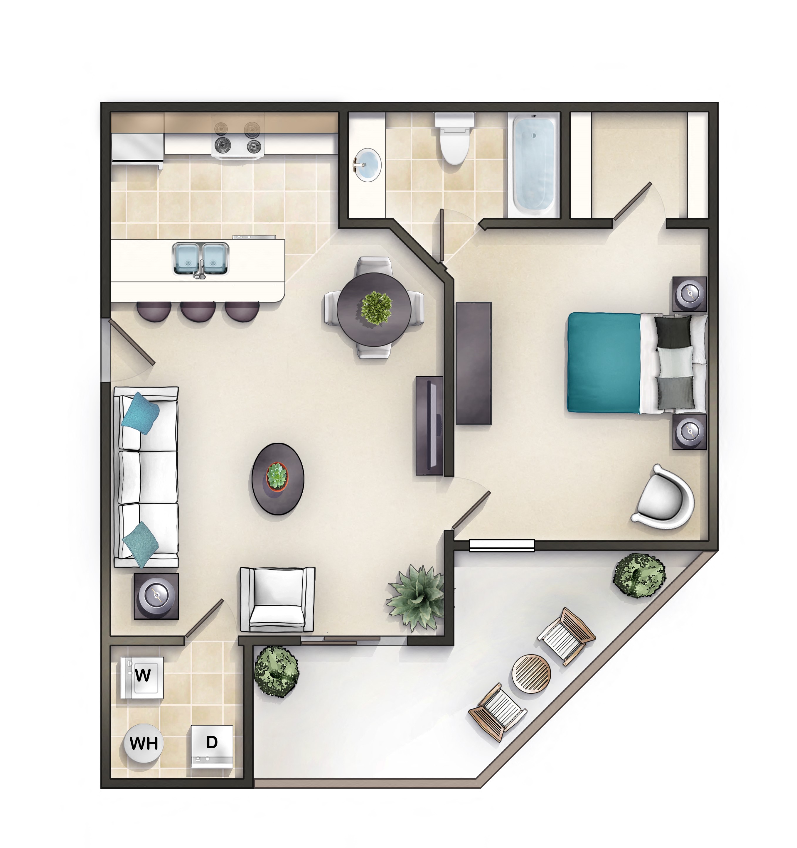Floor plan for 1 bed, 1 bath, 500 sqft