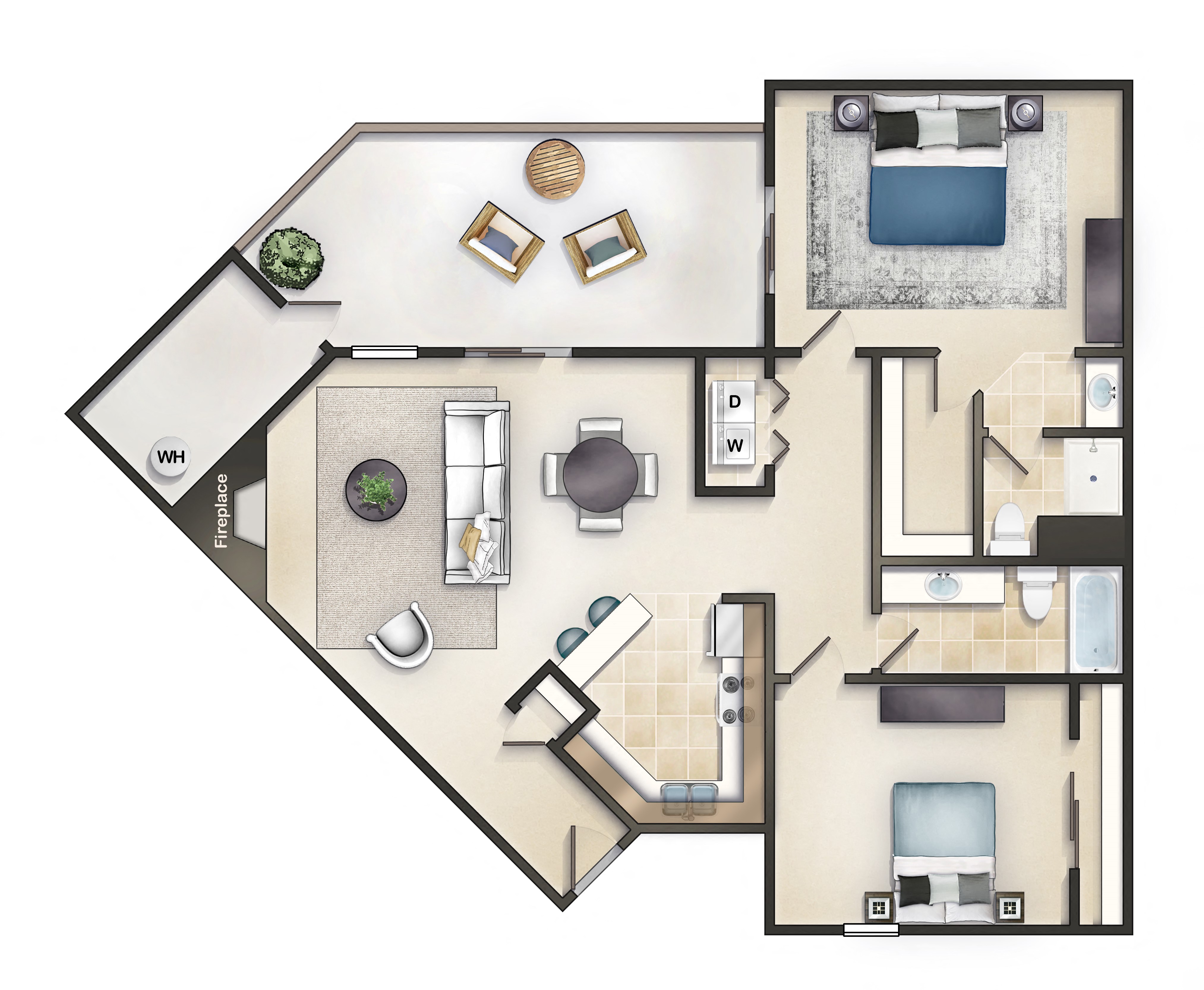 Floor plan for 2 beds, 2 baths, 1010 sqft