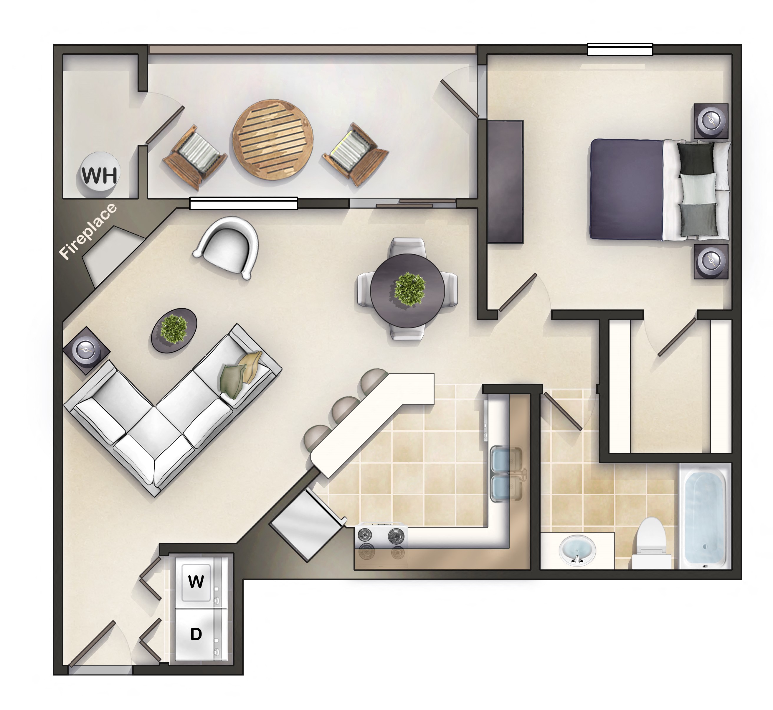 Floor plan for 1 bed, 1 bath, 700 sqft