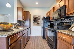 Watertown townhouse for rent - Kitchen with Black Appliances and Granite Countertops with Oak Cabinets