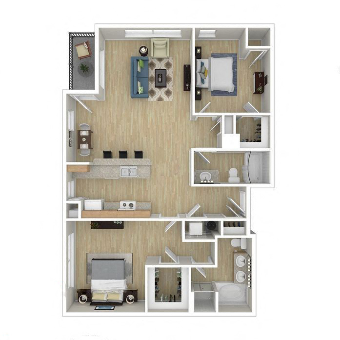 Floor plan for 2 beds, 2 baths, 1297 sqft