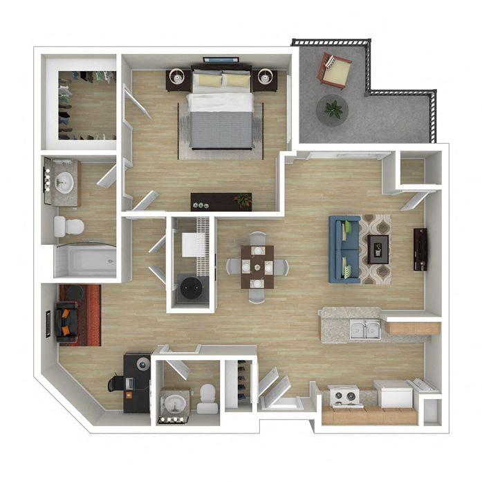 Floor plan for 1 bed, 1.5 baths, 891 sqft