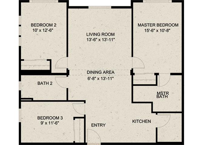 Floor plan for 3 beds, 2 baths, 1125 sqft