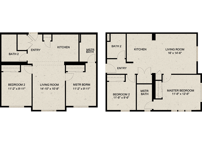 Floor plan for 2 beds, 2 baths, 858 sqft
