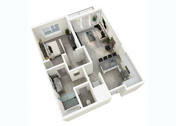 Floor plan for 1 bed, 1 bath, 692 sqft